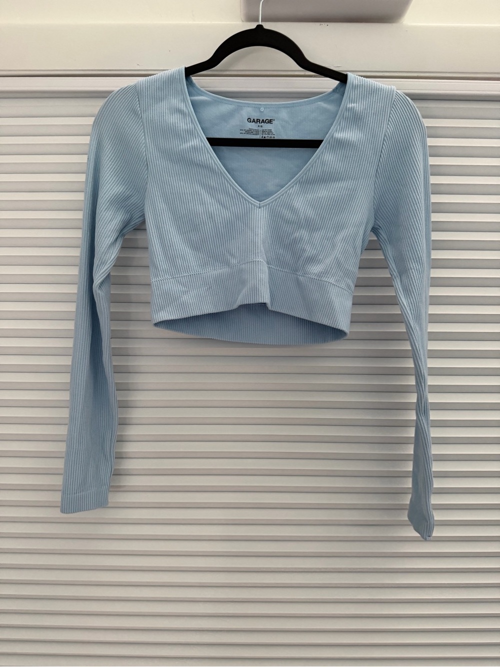 Garage Light Blue Ribbed V-Neck Long Sleeve Crop Top